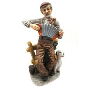 Vintage Hand Painted Porcelain Accordion Player Figurine & Dog Capodimonte Style
